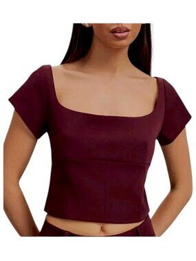 Meshki Ellis Corset Top Burgundy Square Neck Cap Sleeve S